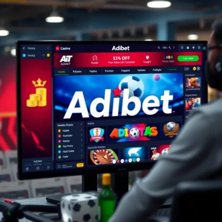 Interior view of an Adibet shop showing betting terminals, computer equipment, and promotional materials neatly arranged for efficient operations